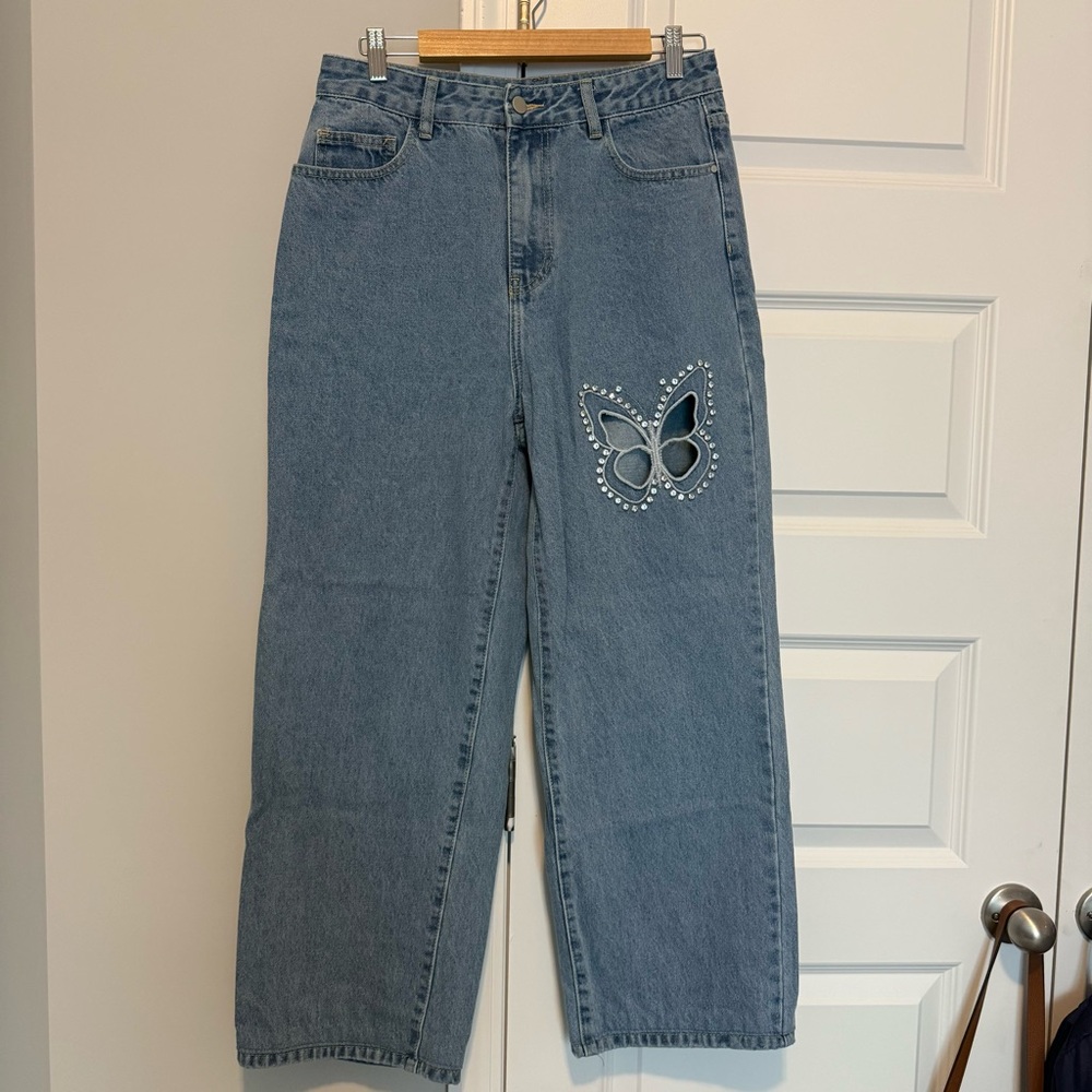 Cider Wide Leg Butterfly Rhinestone Cutout Jeans | Size L